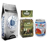 Кофе в зернах, зеленый чай и напиток из сока манго